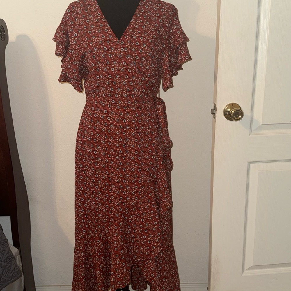 Max Studio Red Ruffled Wrap Midi Dress